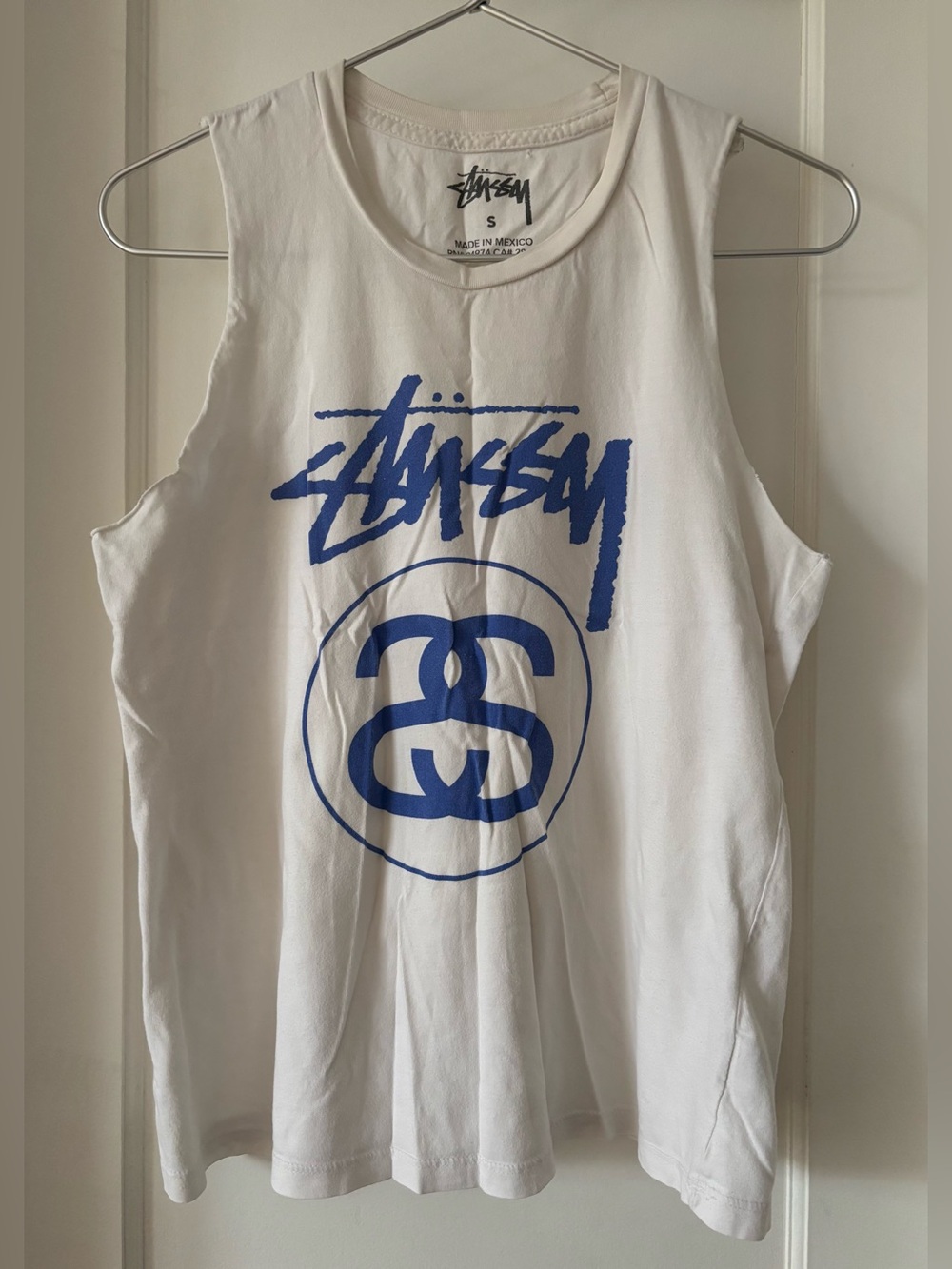 Stussy White Blue Logo Tank Top